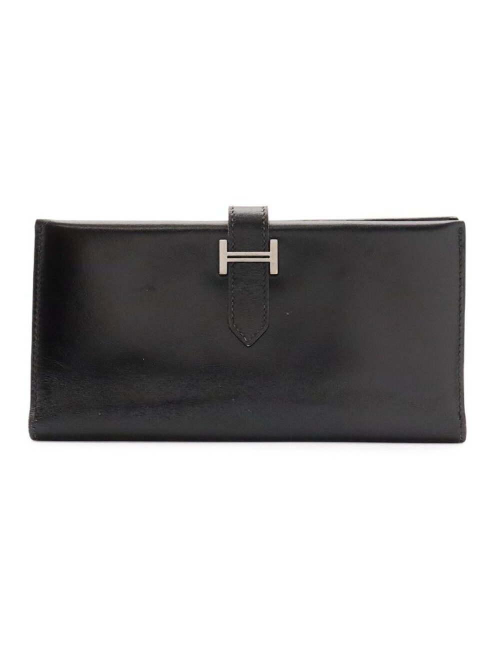 Hermes Bearn Classic Wallet Bifold Box Calf Leather Black Silver